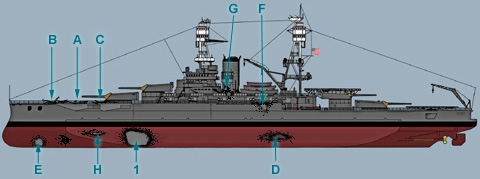 Efekt trafie japoskich torped i bomb w USS "Nevada"